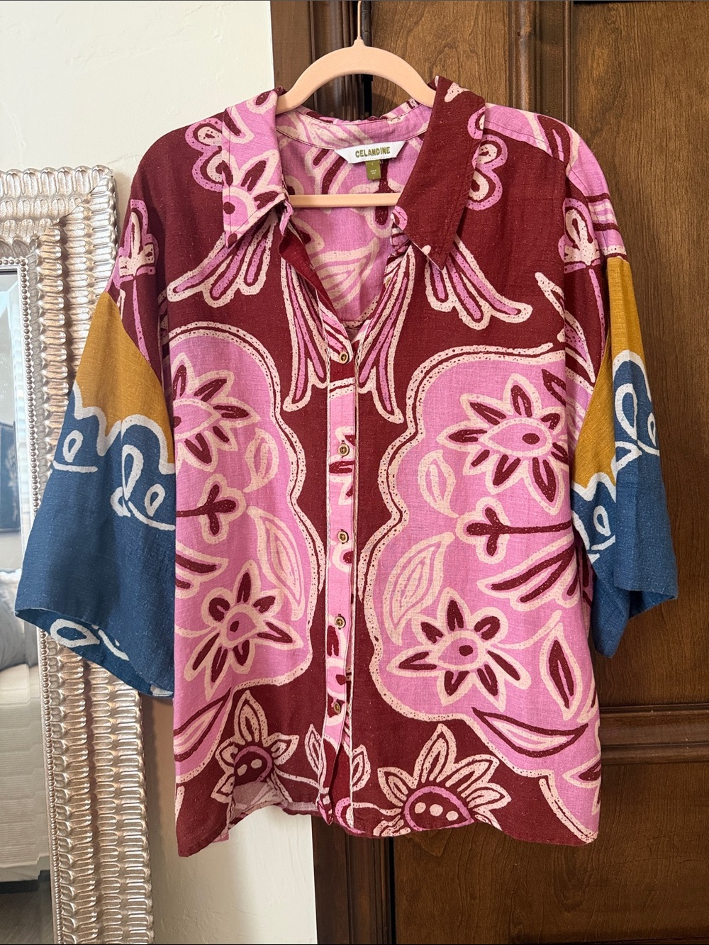 Celandine Floral Button-Up Shirt in Pink & Burgundy from Anthropolgie